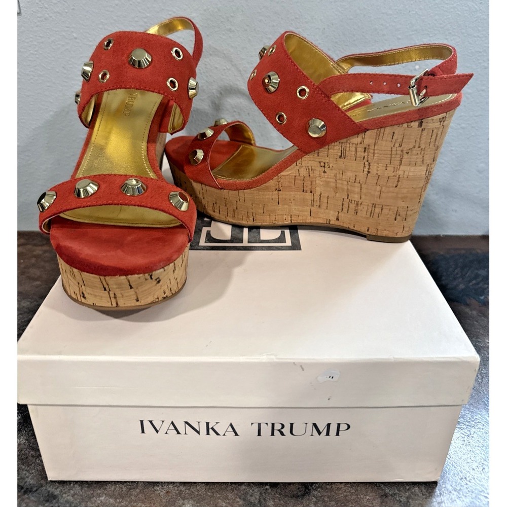 Ivanka Trump Womens 9M Orange Suede Cork Platform Wedge Sandals Studded NWB